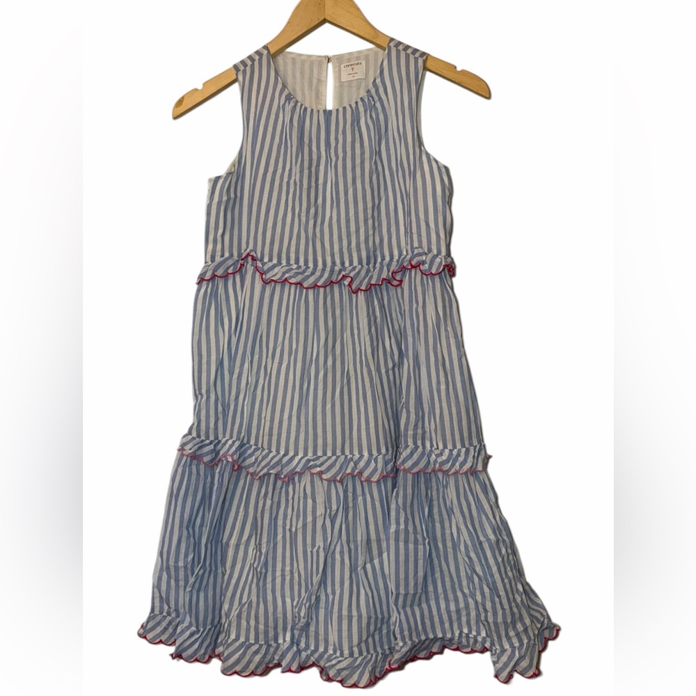 Crewcuts Blue and White Striped Ruffle Tiered Sundress with pink Trim Sz 10